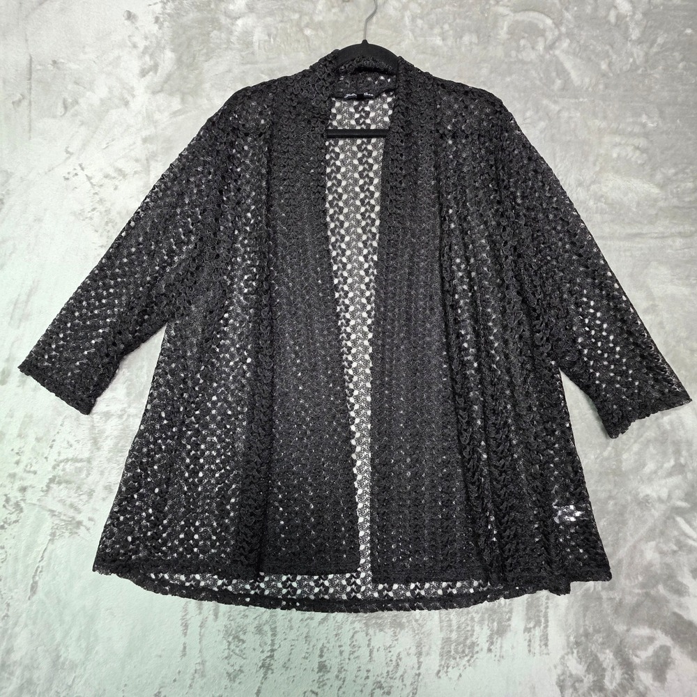 Jade Moon Womens 2X Black Crochet Lace Open Front Cardigan 3/4 Sleeve 21290X